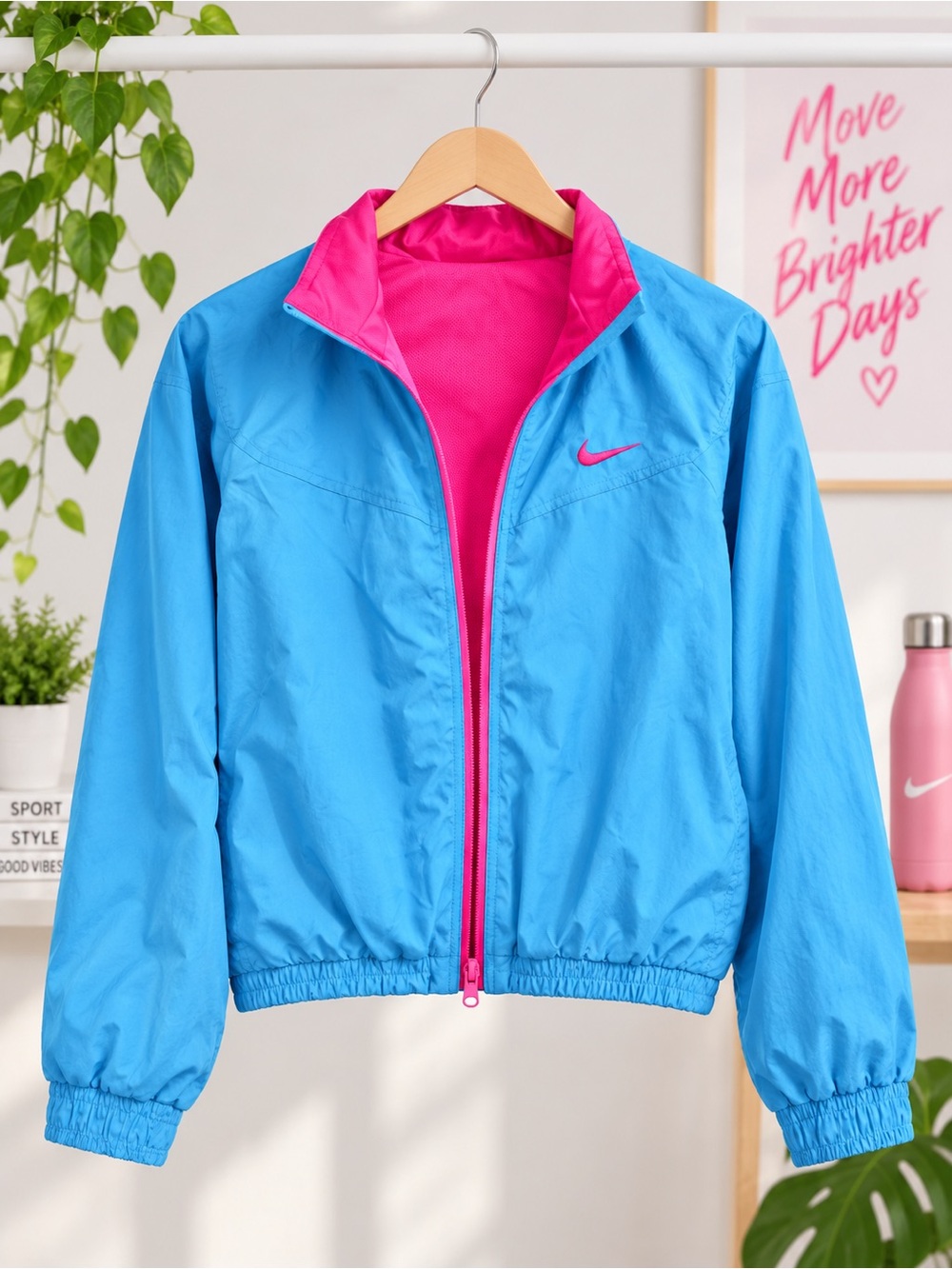 Nike Reversible Blue & Hot Pink Vibrant Windbreaker Jacket • Hidden Hood Size S